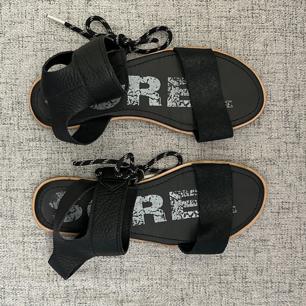 SOREL Ella Ankle Laceup Sandals Shoes Black/Metallic Leather 8.5 Womens